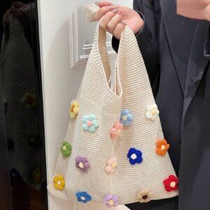 Crochet Flowers Knit Hobo Tote Bag  NEW